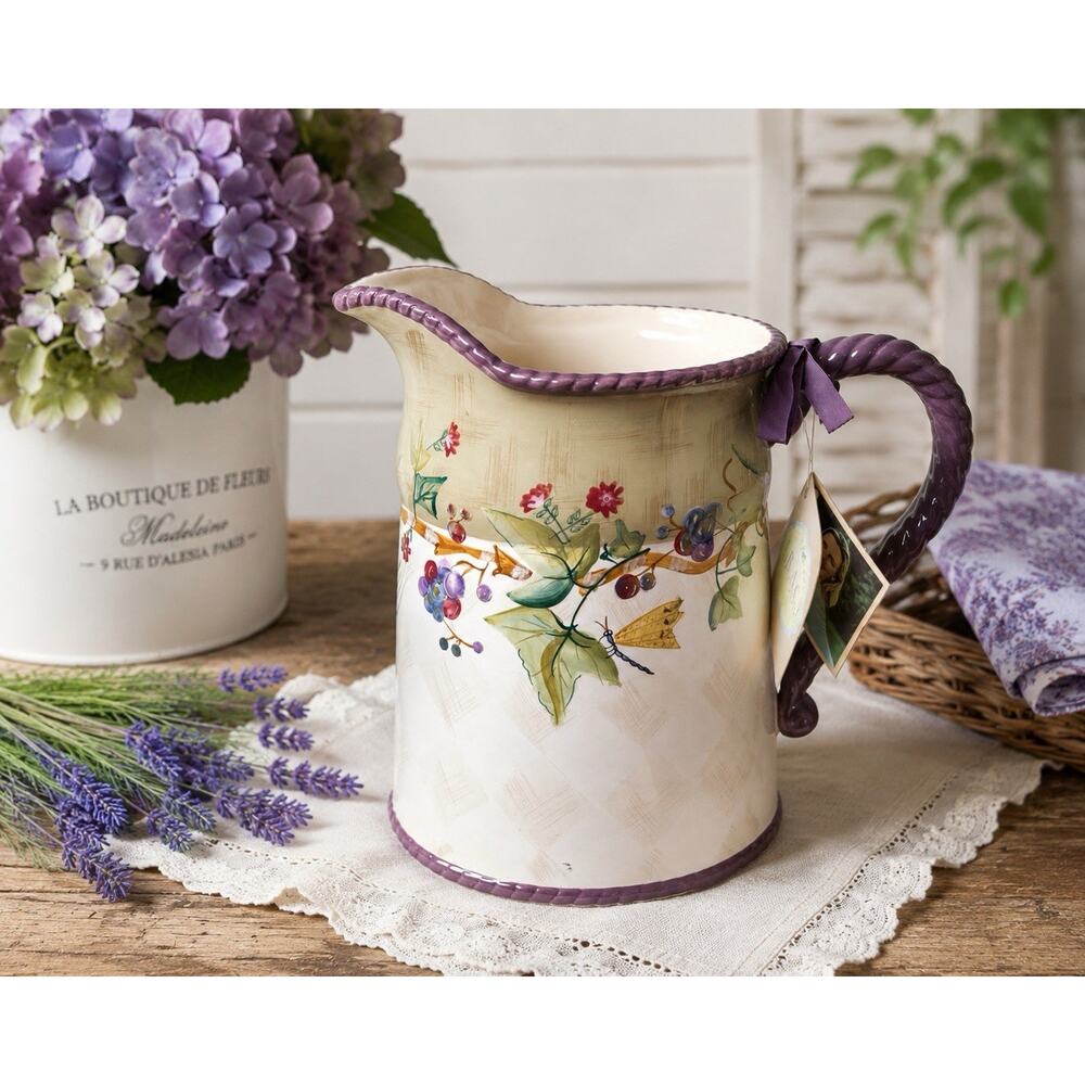 Tracy Porter Claret Collection Ceramic Pitcher Purple Floral Dragonfly